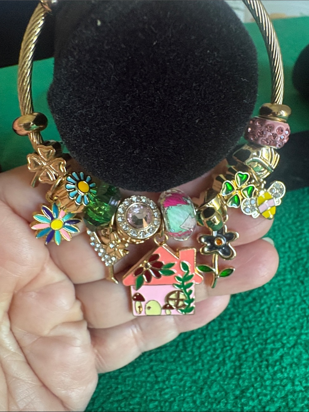 Gold-Tone Charm Bracelet with Pink Enamel House & Floral Accents